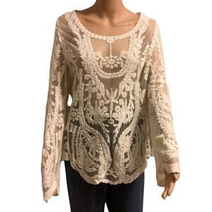 Simply Couture fairy Sheer Long Sleeve Floral Embroidered BohoTop, Womens L